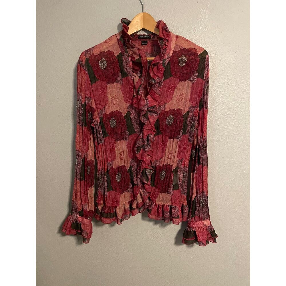 Claudia Ev Top Womens Size 14 Pink Floral Ruffle Pleated Sheer Boho Romantic Y2K